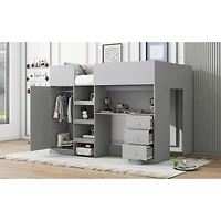 Simplie Fun Wood Full Size Loft Bed with Built-in Wardrobe, Desk, Storage Shelves and Drawers, Grey