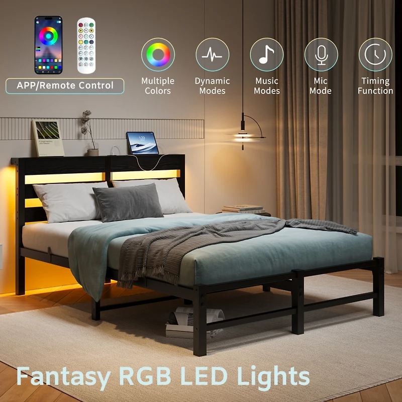 Simplie Fun Full Size Metal Bed Frame with Wooden Headboard, Rgb Lights, Outlets & Charger, Storage Shelf, Noise-Free, No Box Spring Needed