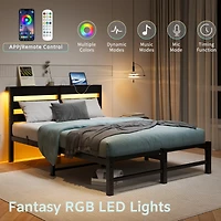 Simplie Fun Full Size Metal Bed Frame with Wooden Headboard, Rgb Lights, Outlets & Charger, Storage Shelf, Noise-Free, No Box Spring Needed