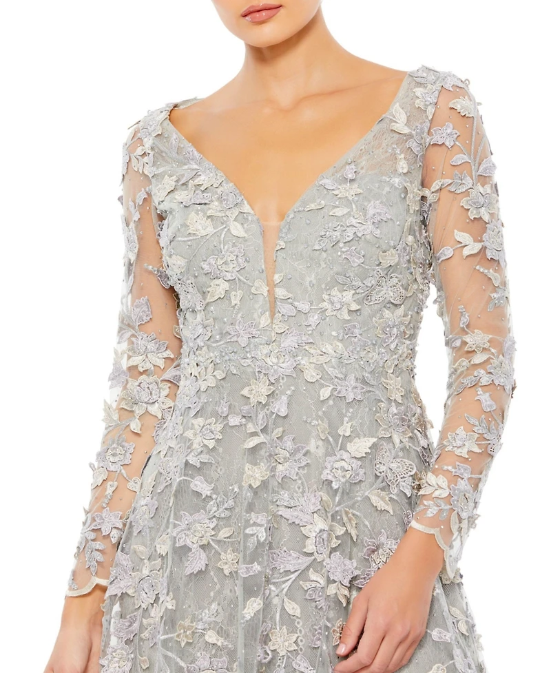 Mac Duggal Women's Floral Applique Long Sleeve Illusion Gown