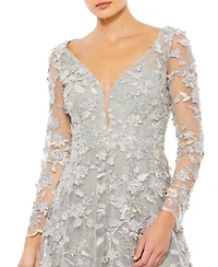 Mac Duggal Women's Floral Applique Long Sleeve Illusion Gown