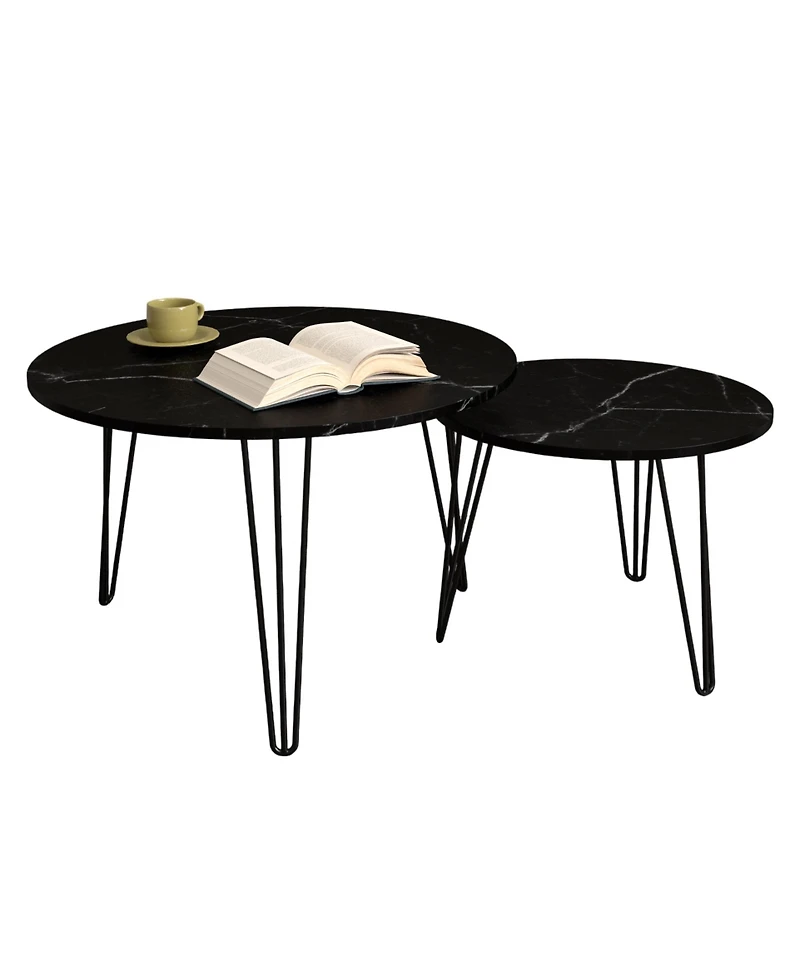 Streamdale Furniture 27.56" Round Nesting Coffee Table Set of 2, Circular Nesting End Table Set, Round Marble Tabletop, and Sturdy Metal Base for Livi