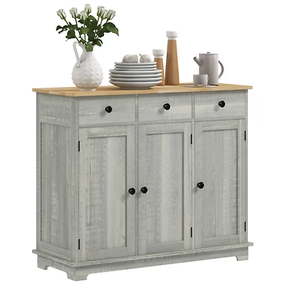 Sideboard with Solid Wood Countertop, Modern Kitchen Storage Cabinet, Coffee Bar Cabinet with 3 Drawers, Doors and Adjustable Shelf, Distressed Light