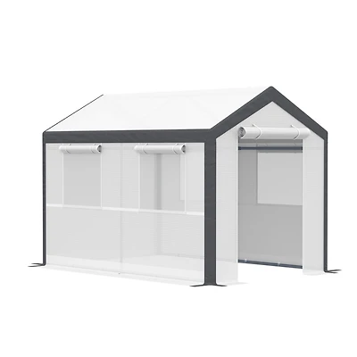 10' x 7' x 7' Walk-In Greenhouse, Outdoor Garden Warm Hot House with 4 Roll-up Windows, 2 Zippered Doors and Weather Cover, White