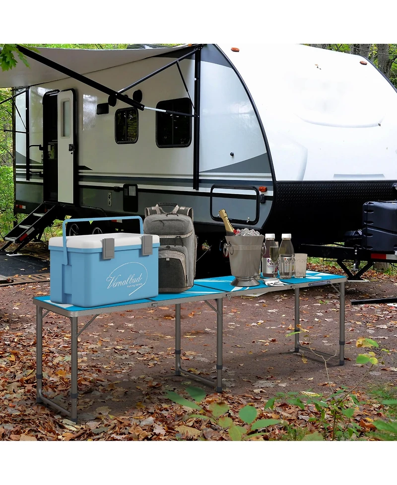8ft Portable Beer Pong Table with Adjustable Legs, Folding Camping Table, Aluminum Picnic Table, for Party, Travel, Bbq, Beach, Blue and White