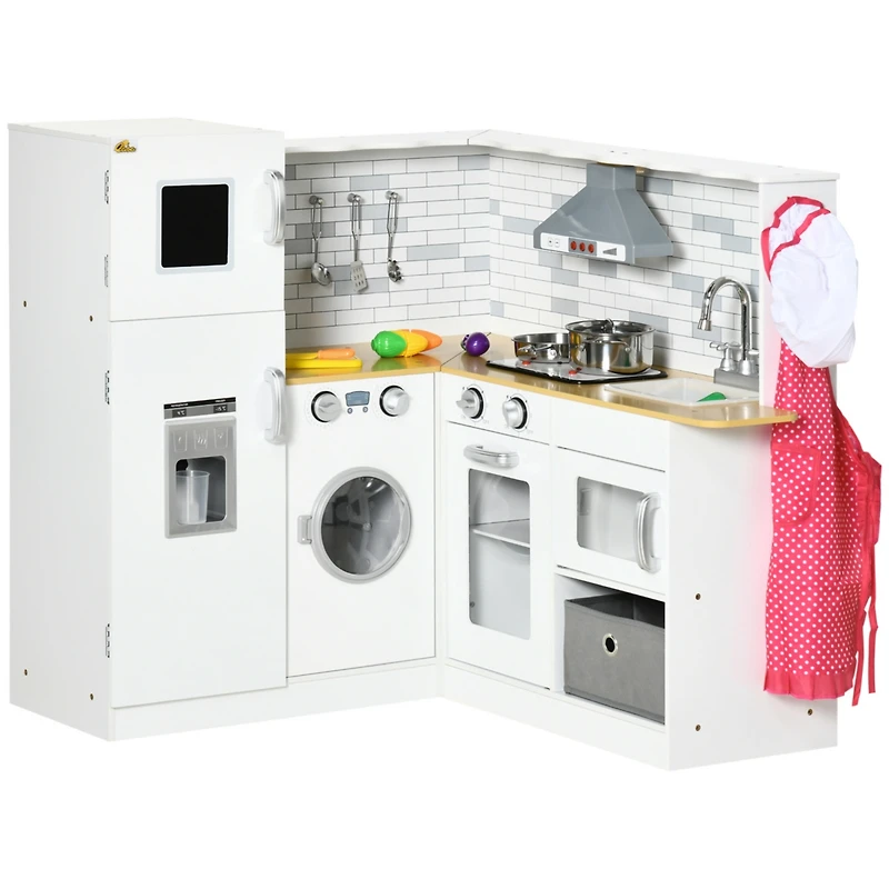 Simplie Fun Corner Play Kitchen Set with Sound Effects and Tons of Countertop Space, Large Wooden Kitchen with Washing Machine, Food Toys, Ice Maker,