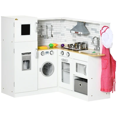 Simplie Fun Corner Play Kitchen Set with Sound Effects and Tons of Countertop Space, Large Wooden Kitchen with Washing Machine, Food Toys, Ice Maker,