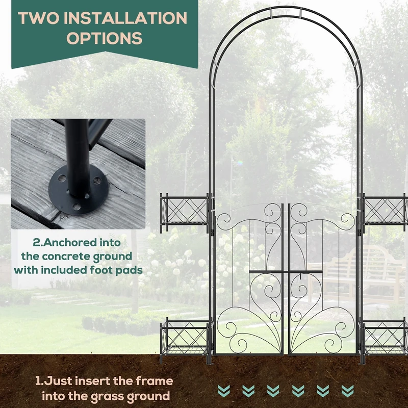 7' Garden Arch Arbor, Metal Arch Trellis with Gate, Garden Archway for Climbing Vines, Wedding Ceremony Decoration, Black