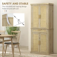 72" Tall Pantry Cabinet with Rattan Decorated Panel, Freestanding Boho Kitchen Storage Cabinet with 4 Doors, Drawer, 5-Tier Shelf and Adjustable