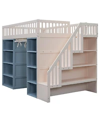 Streamdale Full Size Loft Bed with 2 Four-layer Storage Cabinets and Curtain