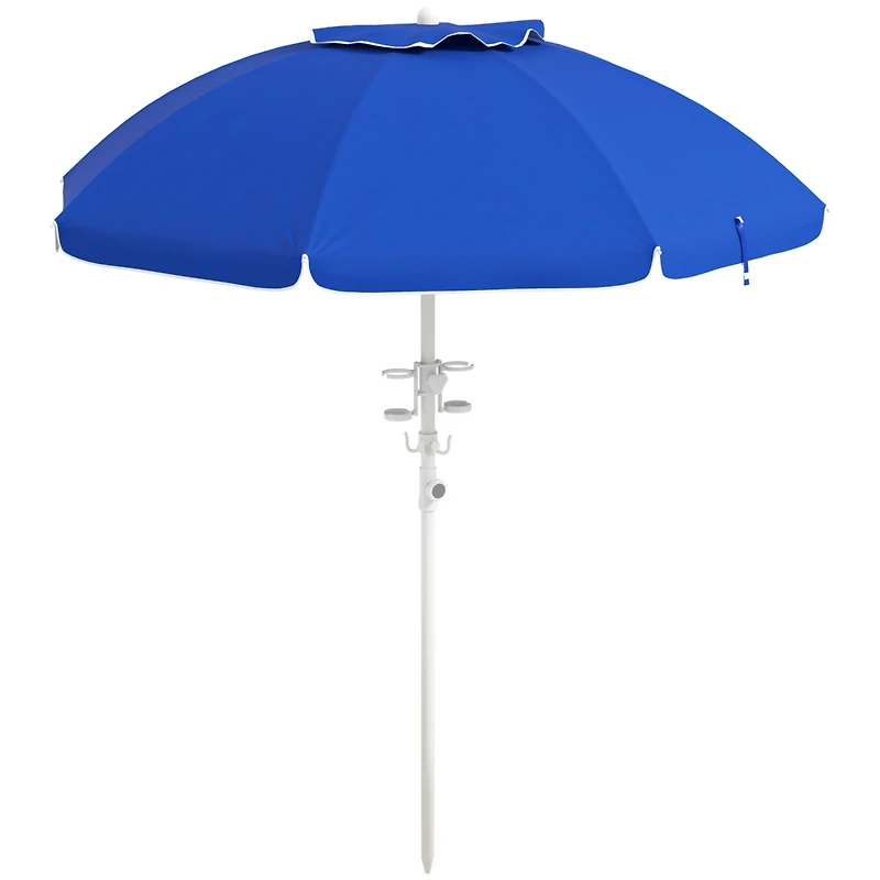 5.7' Portable Beach Umbrella with Tilt, Adjustable Height, 2 Cup Holders & Hooks, Uv 40+ Ruffled Outdoor Umbrella with Vented Canopy, Blue