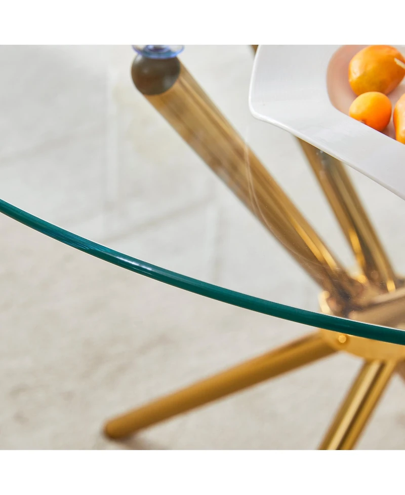 Simplie Fun Round clear glass dining table with a unique shape for 4-6 people, with ring-shaped gathered gold metal legs, suitable for desks, kitchens