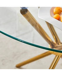 Simplie Fun Round clear glass dining table with a unique shape for 4-6 people, with ring-shaped gathered gold metal legs, suitable for desks, kitchens