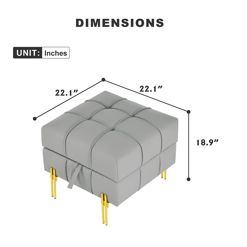 22 inches Anti-scratch Leather Storage Ottoman, Pet Friendly Entryway Bench with Golden Stainless Steel Legs, Gray