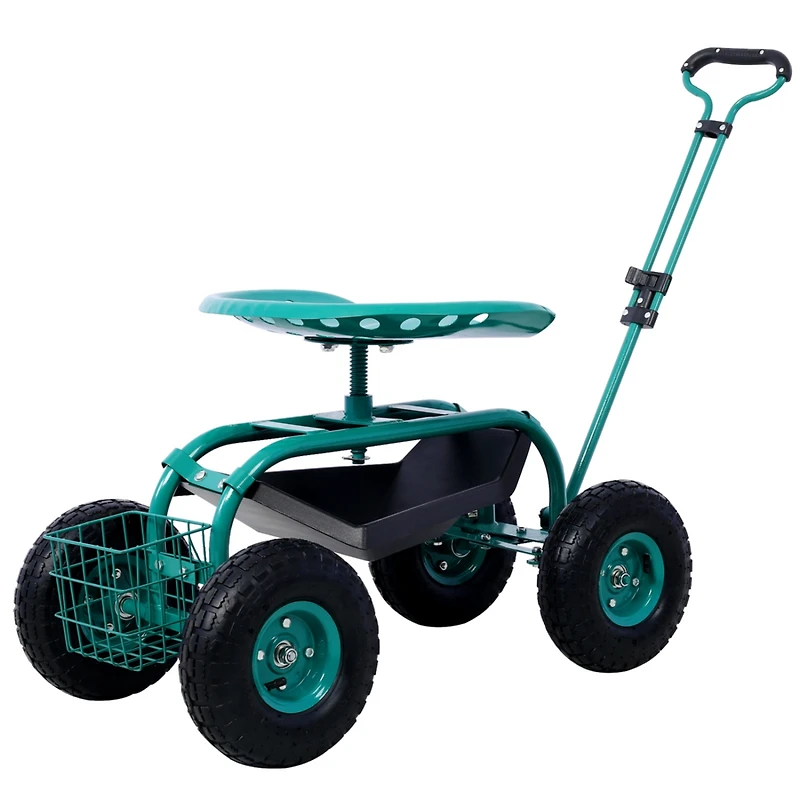 Rolling Garden Scooter Garden Cart Seat with Wheels and Tool Tray, 360 Swivel Seat, Green--refurbished