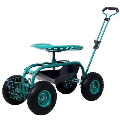Rolling Garden Scooter Garden Cart Seat with Wheels and Tool Tray, 360 Swivel Seat, Green--refurbished