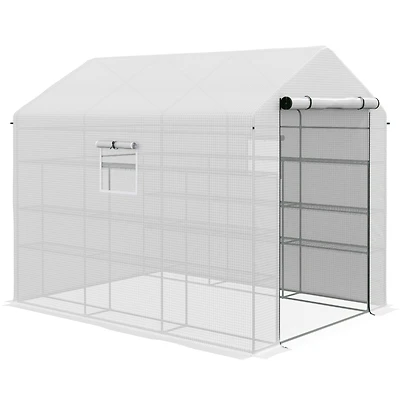 8' x 6' x 7' Walk-in Greenhouse with Mesh Door and Windows, 18 Shelf Green House with Trellis, Plant Labels, Uv protective for Growing Flowers, Herbs,