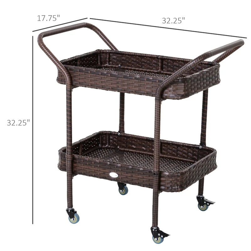 Rattan Wicker Serving Cart: 2-Tier Outdoor Bar Cart with Brakes