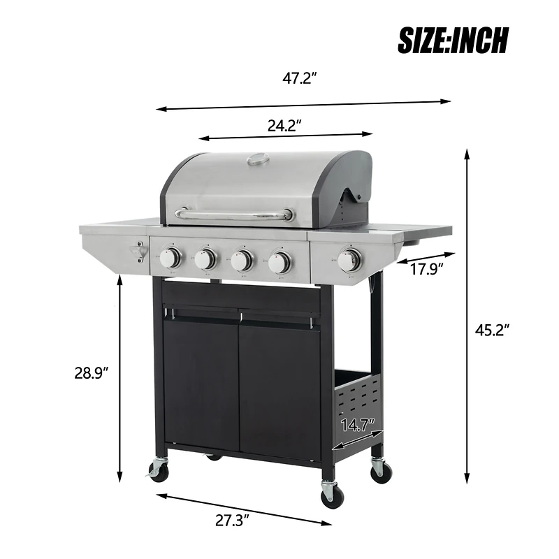 Streamdale 4-Burner Propane Gas Grill with Side Burner