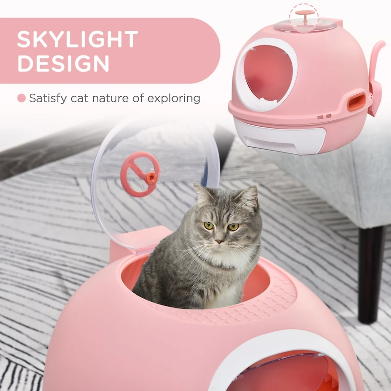 Covered Litter Box, Litter Box with a Lid, Scoop Enclosed Drawer & Skylight for Cats That's Easy to Clean, Pink