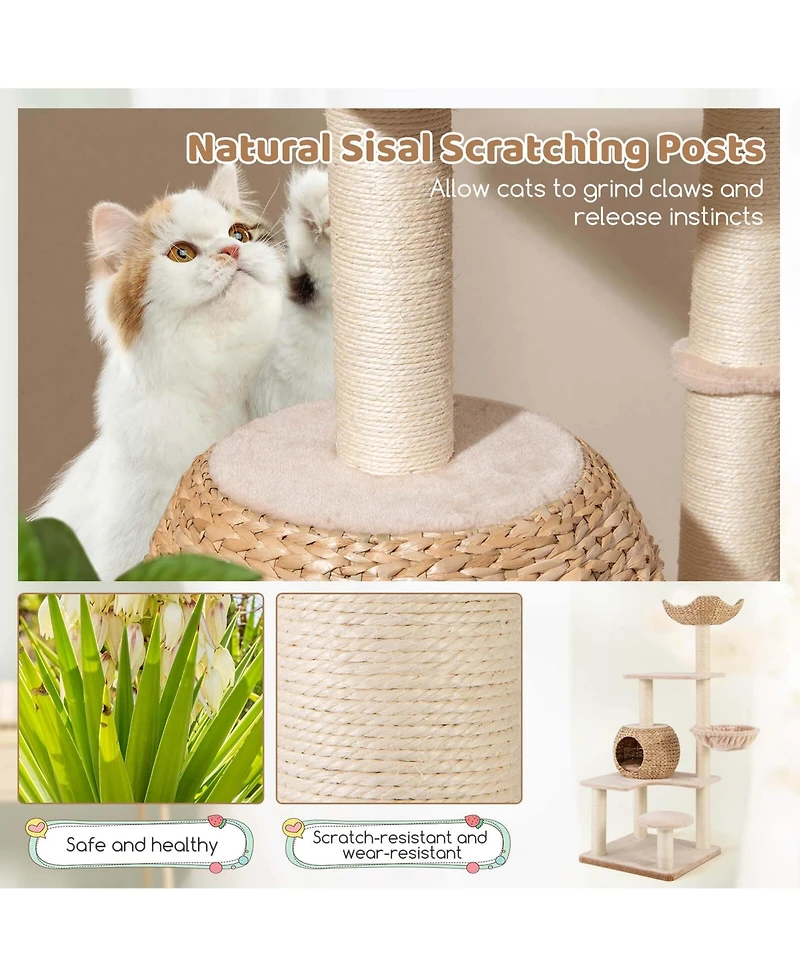 59" Cattail Cat Tower with Sisal Scratching Posts Perch Condo Soft Hammock Indoor