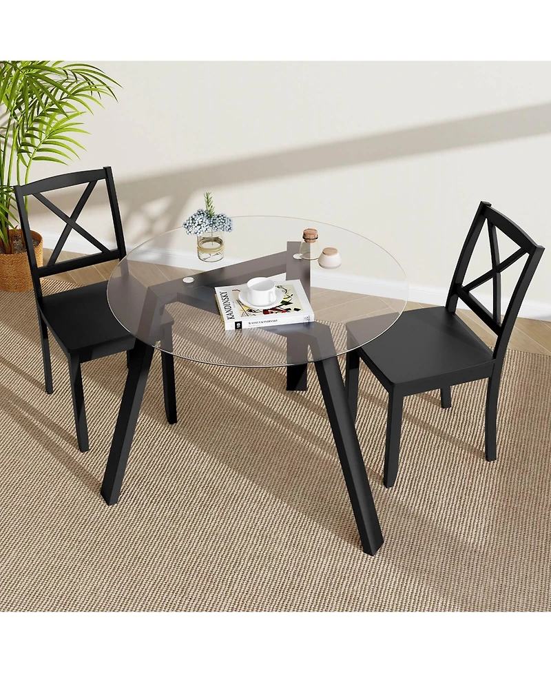 36" Round Glass Dining Table for 4 with Tempered Tabletop Rubber Wood Frame