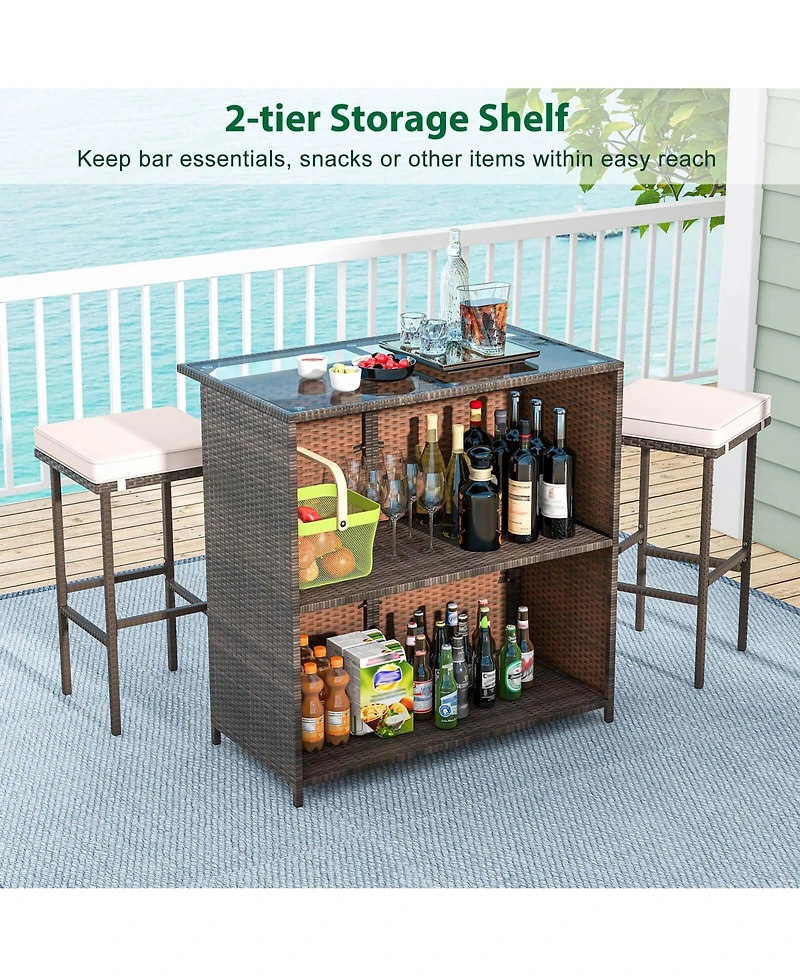 3 Pcs Patio Bar Set with Tempered Glass Tabletop 2-Tier Storage Removable Cushions