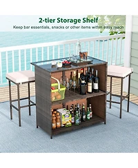3 Pcs Patio Bar Set with Tempered Glass Tabletop 2-Tier Storage Removable Cushions