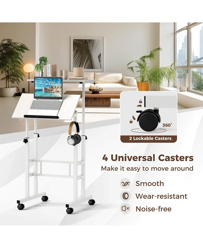 Height Adjustable Mobile Standing Desk with Tiltable Desktop & 2 Hanging Hooks
