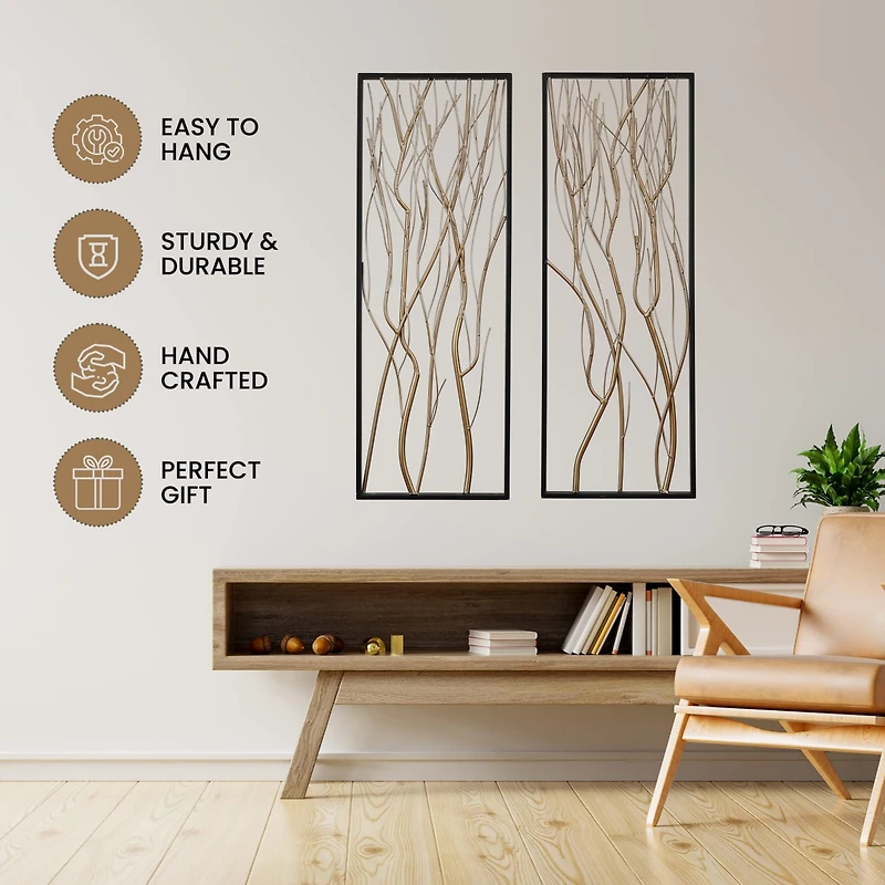 LuxenHome Gold Metal Branch Wall Decor, Set of 2