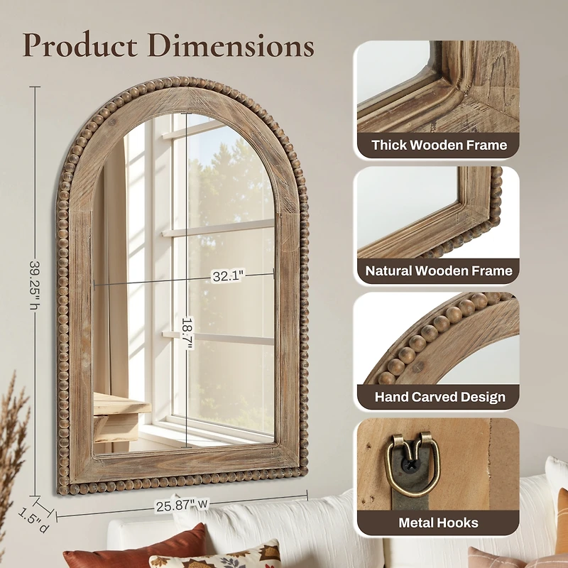 LuxenHome 39-Inch Wood Framed Arch Wall Mirror Accent Vanity Mirror Hanging Decor Large Wall Mounted Mirror