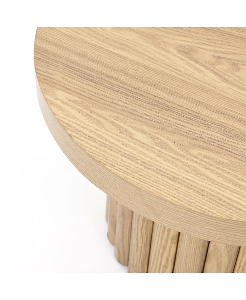 LuxenHome End Table 23.6"Wide Brown Wood Fluted Round Coffee Table and Side Table for Living Room