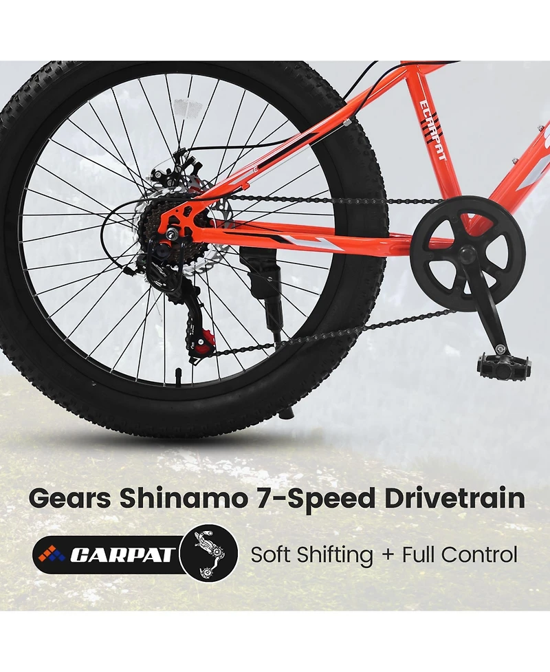 Streamdale Furniture Elecony 24 Inch Fat Tire Bike Adult/Youth Full Shimano 7 Speeds Mountain Bike, Dual Disc Brake, High-Carbon Steel Frame, Front Su