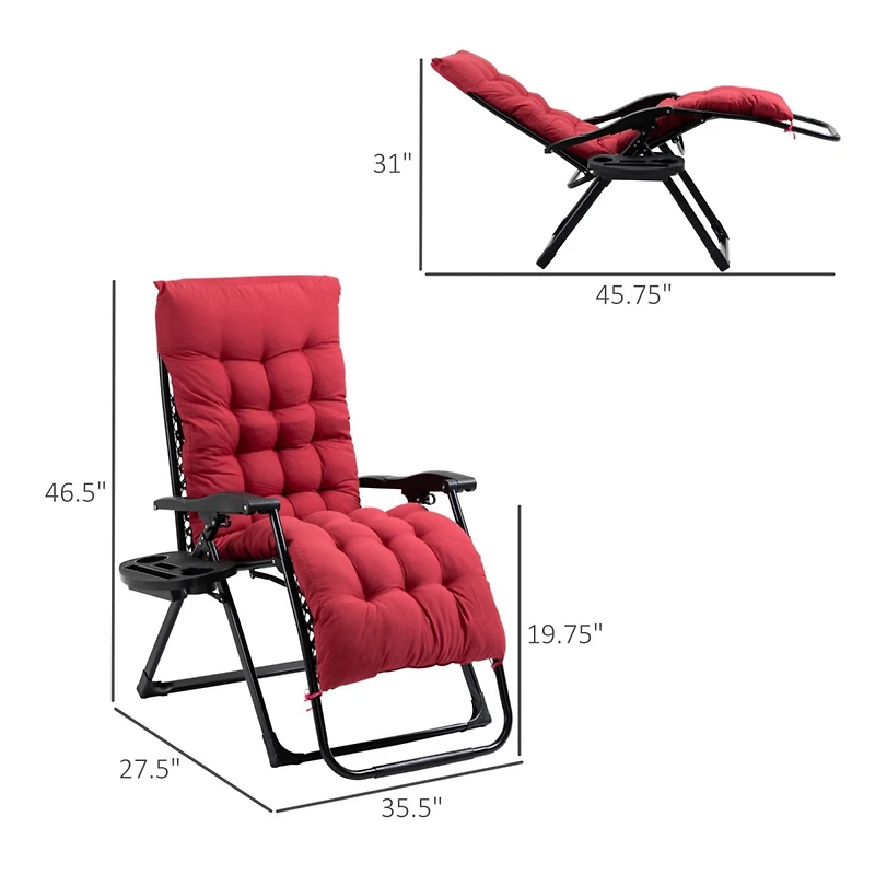 Zero Gravity Chair, Folding Reclining Lounge Chair with Padded Cushion, Side Tray for Indoor and Outdoor, Supports up to 264 lbs., Red