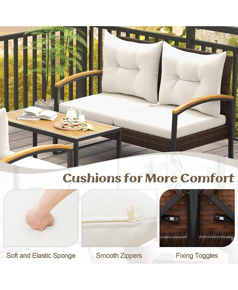 4 Pcs Patio Conversation Set with Coffee Table Solid Acacia Wood Armrests Tabletop