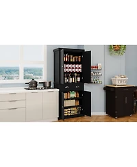 71" Kitchen Pantry Storage Cabinet, with 4 Doors, Drawer, 2 Adjustable Shelves, Freestanding Cupboard for Dining Room Living Room, Laundry-Black