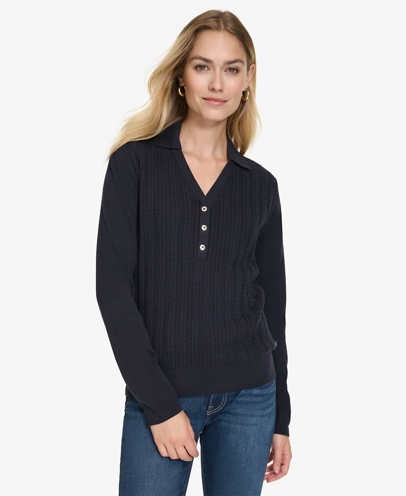 Nautica Jeans Women's Solid Button V Neck Polo Sweater