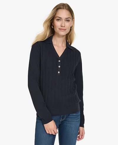 Nautica Jeans Women's Solid Button V Neck Polo Sweater