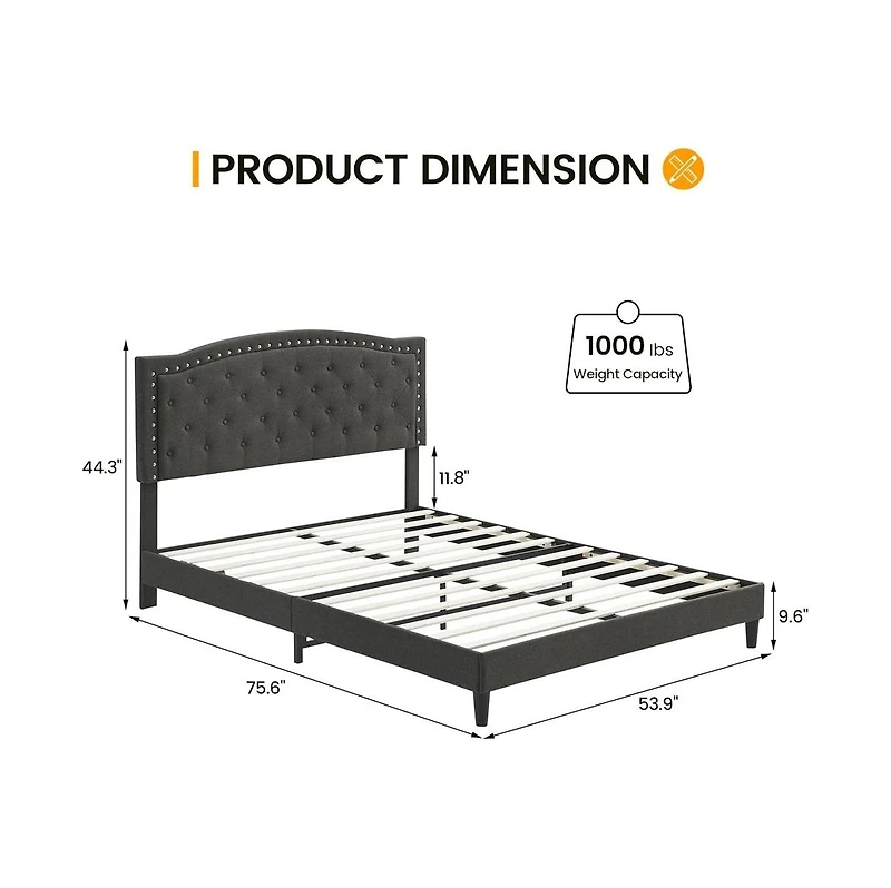 gaomon Full Size Bed Frame with Button Tufted Headboard, Mattress Foundation, Easy Assembly, No Box Spring Needed