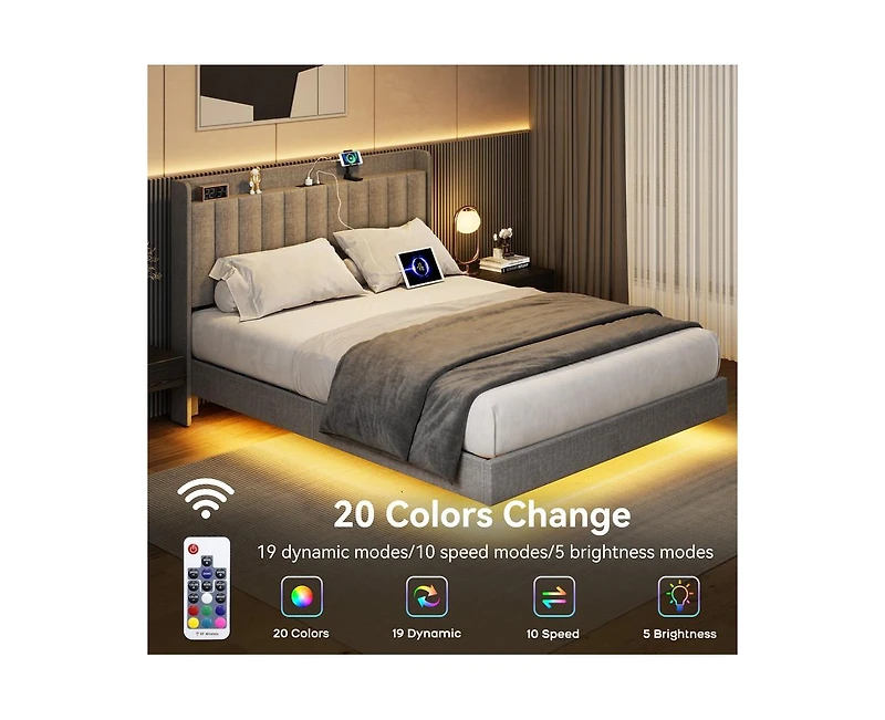 gaomon King Size Floating Bed Frame with Led Lights, Upholstered Platform Full Bed Frame with Charging Station, No Box Spring Needed,Gray