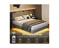 gaomon King Size Floating Bed Frame with Led Lights, Upholstered Platform Full Bed Frame with Charging Station, No Box Spring Needed,Gray