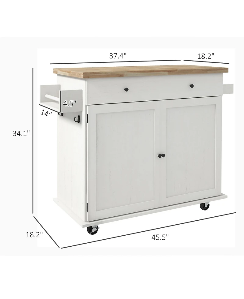 Kitchen Island with Storage, Farmhouse Rolling Kitchen Island Cart on Wheels with Drawer, 2 Cabinets, Rubberwood Top, Spice Rack, Towel Racks and 2 Ho