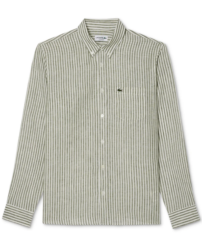 Lacoste Men's Long Sleeve Striped Button-Down Linen Shirt