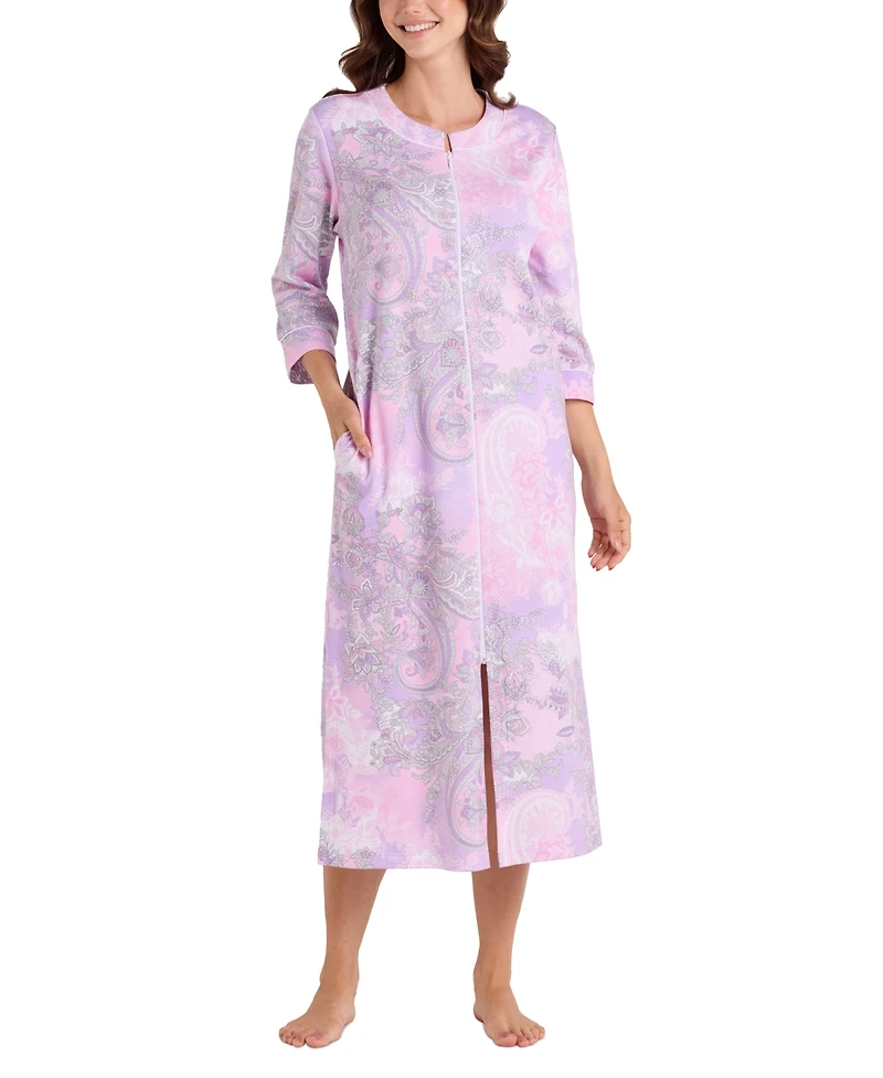Miss Elaine Plus Printed 3/4-Sleeve Long Robe