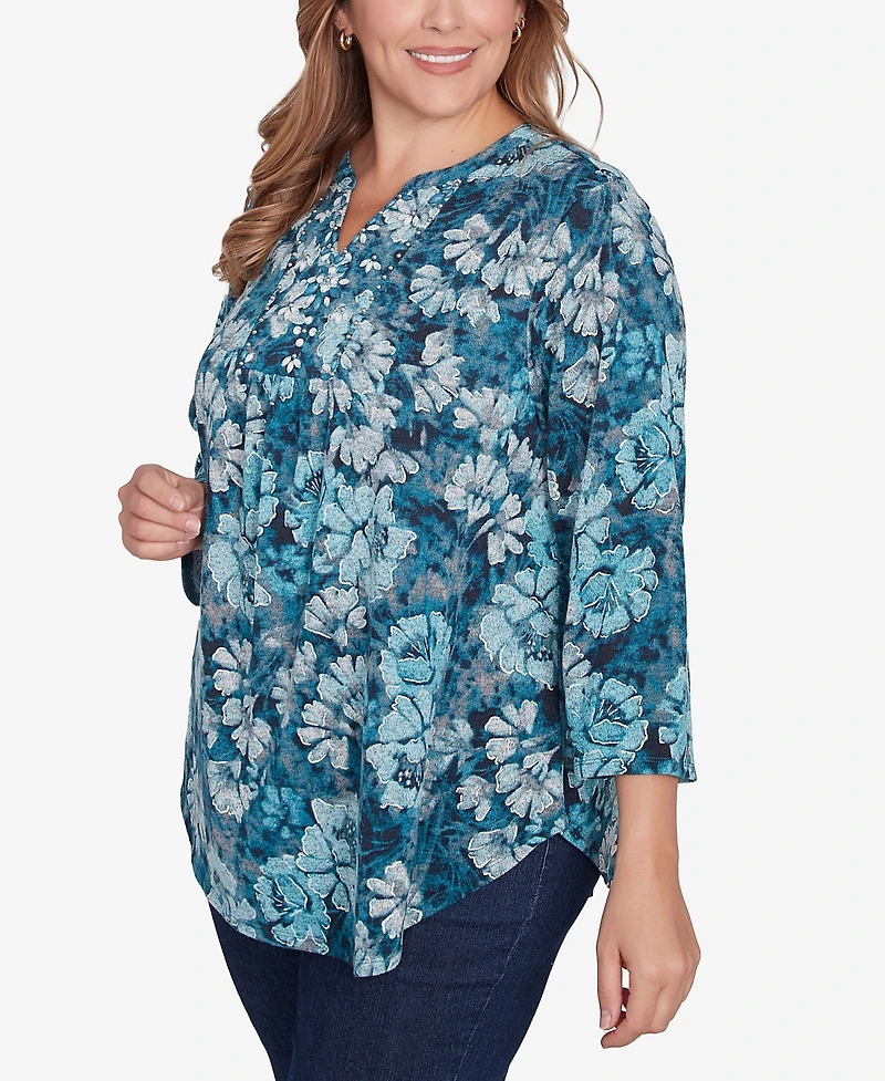 Ruby Rd. Plus Size Embellished Wintery Floral Hatchi Top