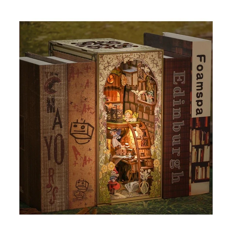 Cutebee Diy Book Nook Kit with Dust Cover Led Light Booknook Diy Miniature House Dollhouse Kit Bookshelf Decor Alley Model Gifts (Elves Paradise