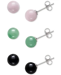 3-Pc. Set Rose Quartz, Dyed Green Jade, & Onyx Stud Earrings in Sterling Silver