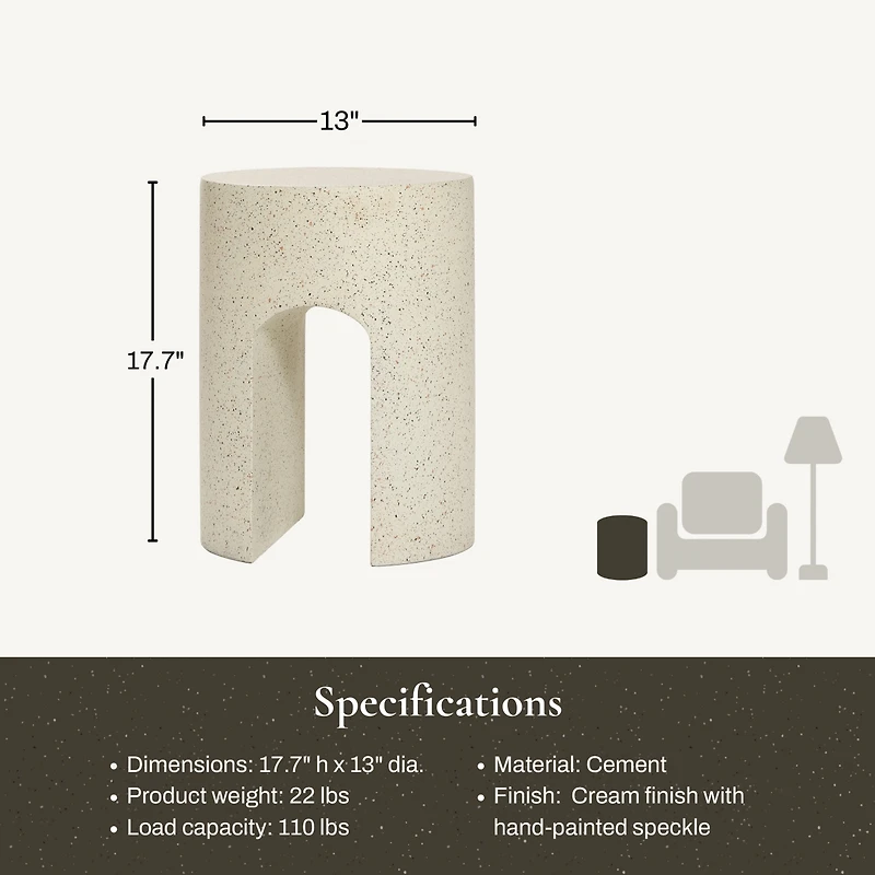 LuxenHome Outdoor Side Table, 17.5'' Mod Cream Cement Small Accent Table, Round with U-Shape End Tables for Garden,Patio,Balcony, Plant Stand