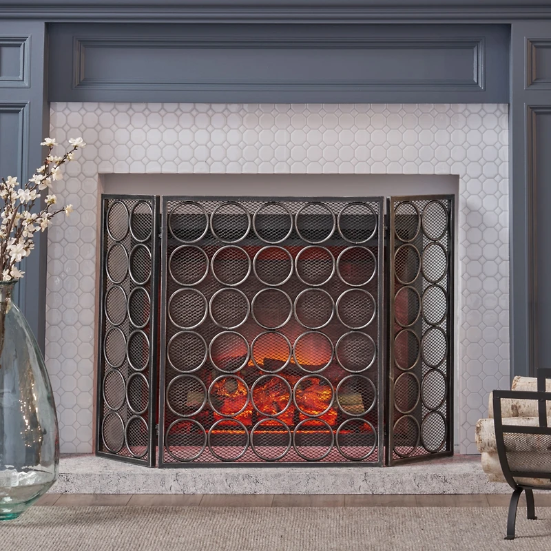 Streamdale 3-Panel Iron Fireplace Screen with Circular Pattern