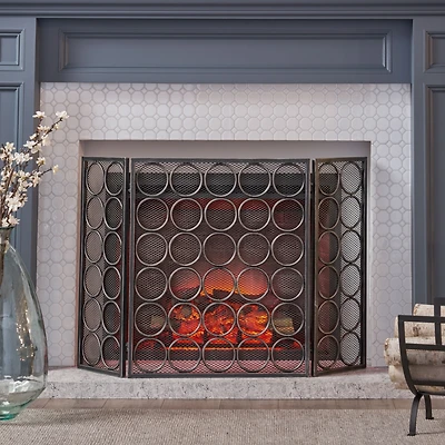 Streamdale 3-Panel Iron Fireplace Screen with Circular Pattern